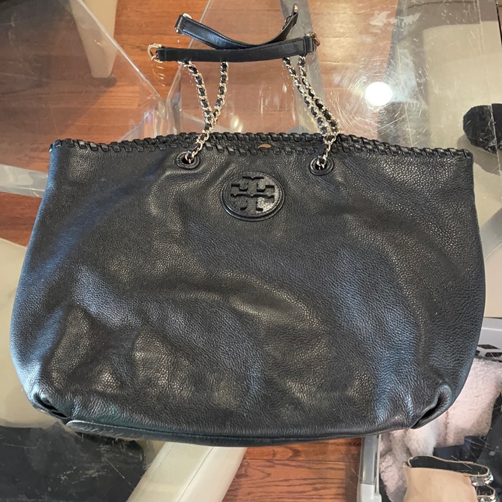 Tory Burch black leather with gold hardware shoulder bag